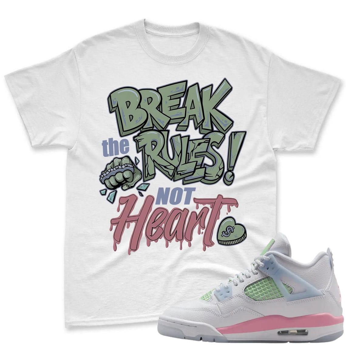 BREAK! Shirt To Match Jordan 4 GS Valentine's Day - Retro Valentines Day GS Medium Soft Pink Blue Green Matching Shirt