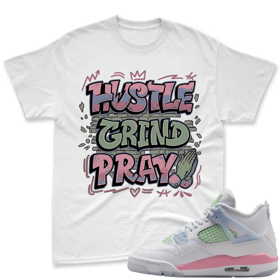 HUSTLE! Shirt To Match Jordan 4 GS Valentine's Day - Retro Valentines Day GS Medium Soft Pink Blue Green Matching Shirt