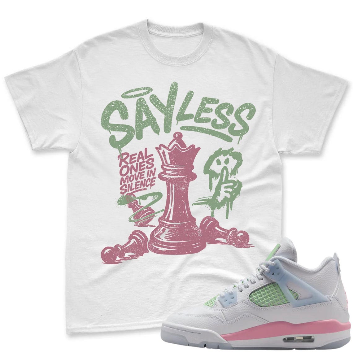 SAYLESS! Shirt To Match Jordan 4 GS Valentine's Day - Retro Valentines Day GS Medium Soft Pink Blue Green Matching Shirt