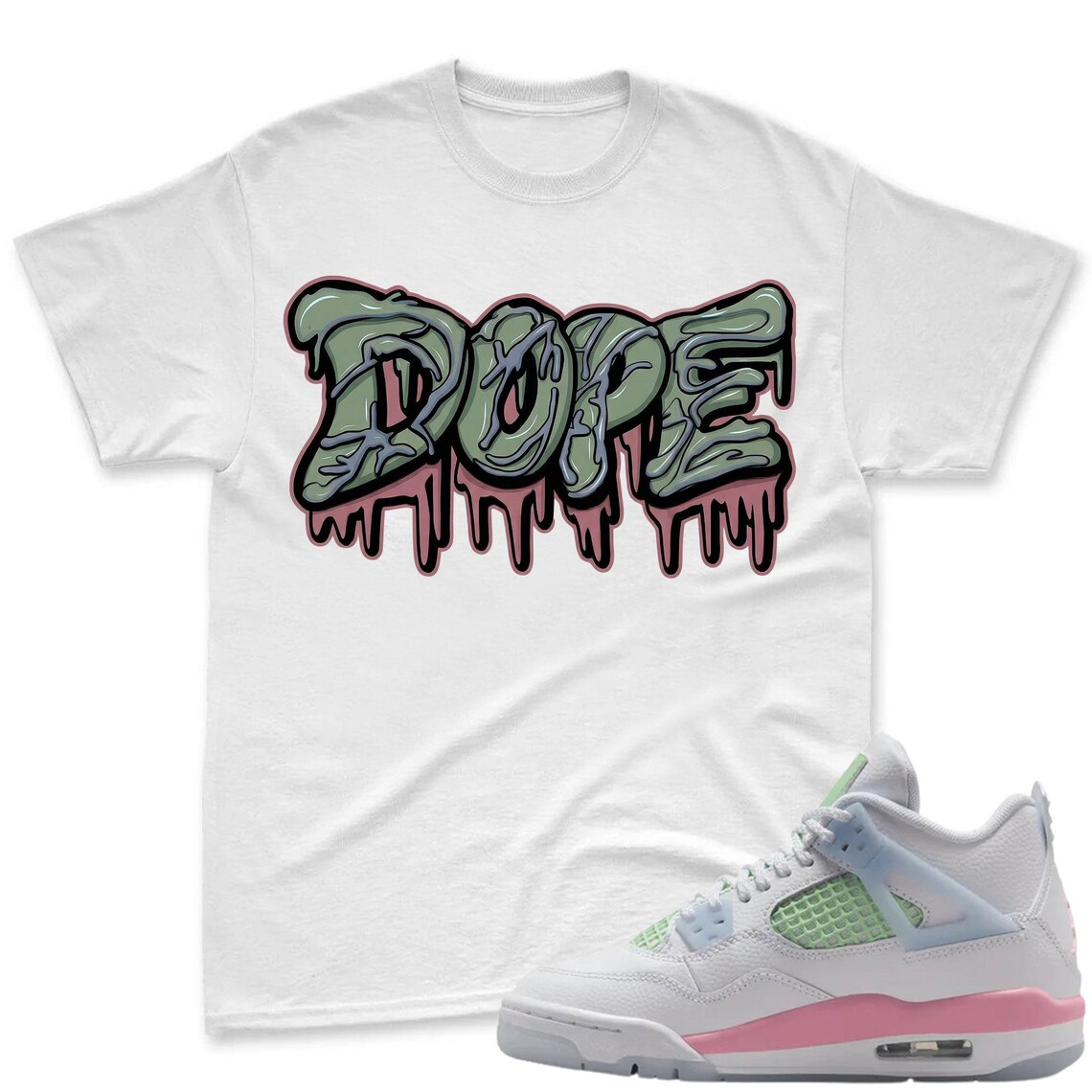 DOPE! Shirt To Match Jordan 4 GS - 4 Retro GS Medium Soft Pink Blue Green Matching Shirt