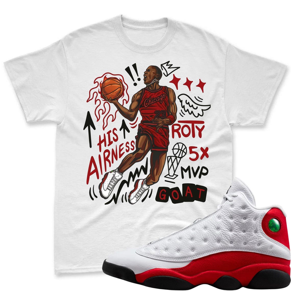 Flair 23! Shirt To Match Air Jordan 13 Chicago - Jordan 13 Retro White and University Red Match Shirt