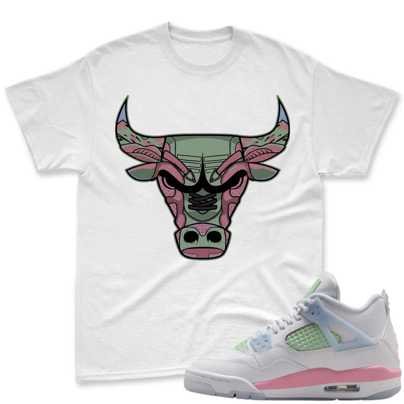 BULL! Shirt To Match Jordan 4 GS - 4 Retro GS Medium Soft Pink Blue Green Matching Shirt
