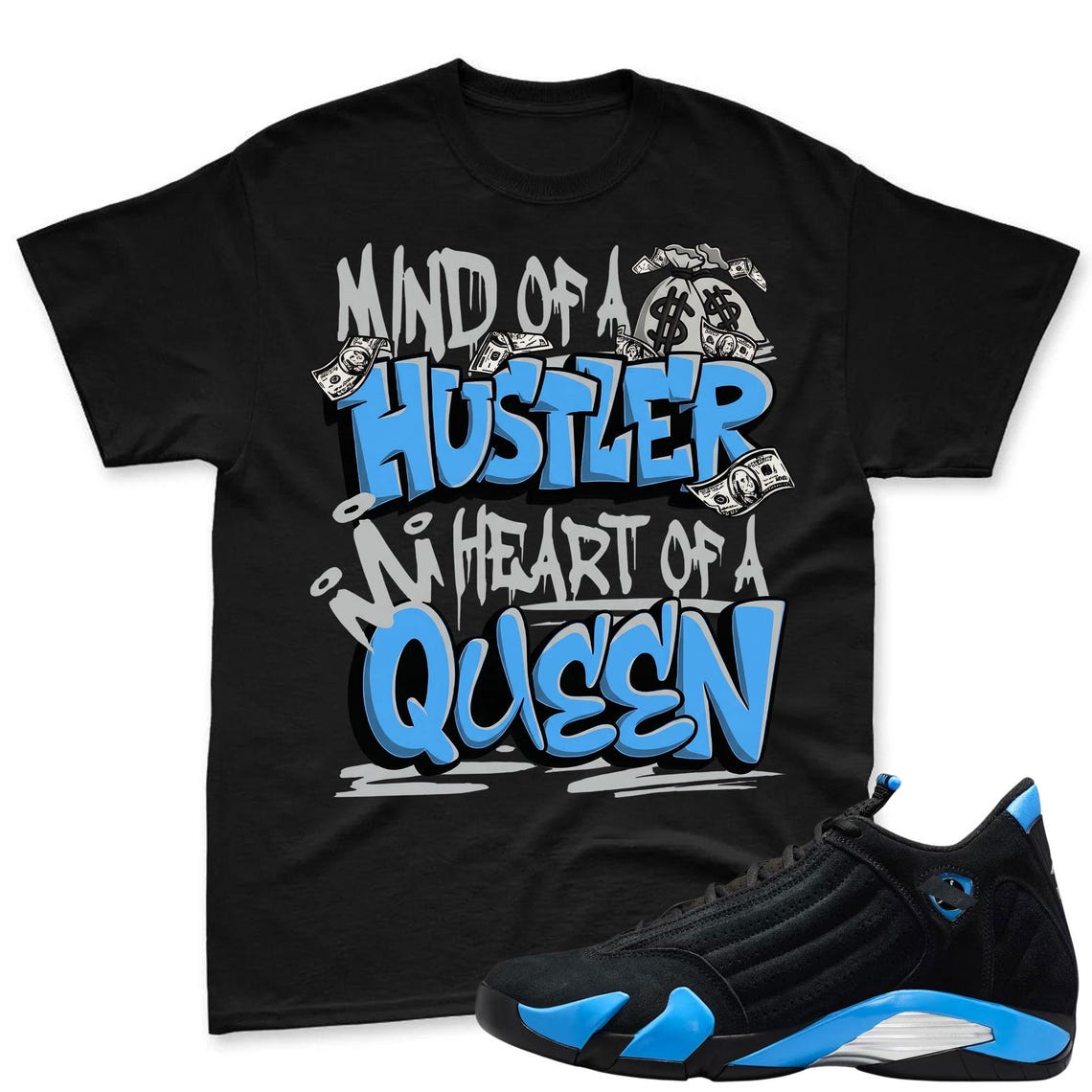 QUEEN! Shirt To Match Jordan 14 Black and University Blue - 14s Retro Blue Black Match Shirt