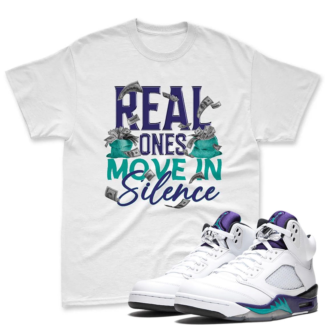 AJ 5 Grape Black White T Shirt Match Real Ones Move Sneaker - Jordan 5 Grape Sneaker Mactching Tshirt