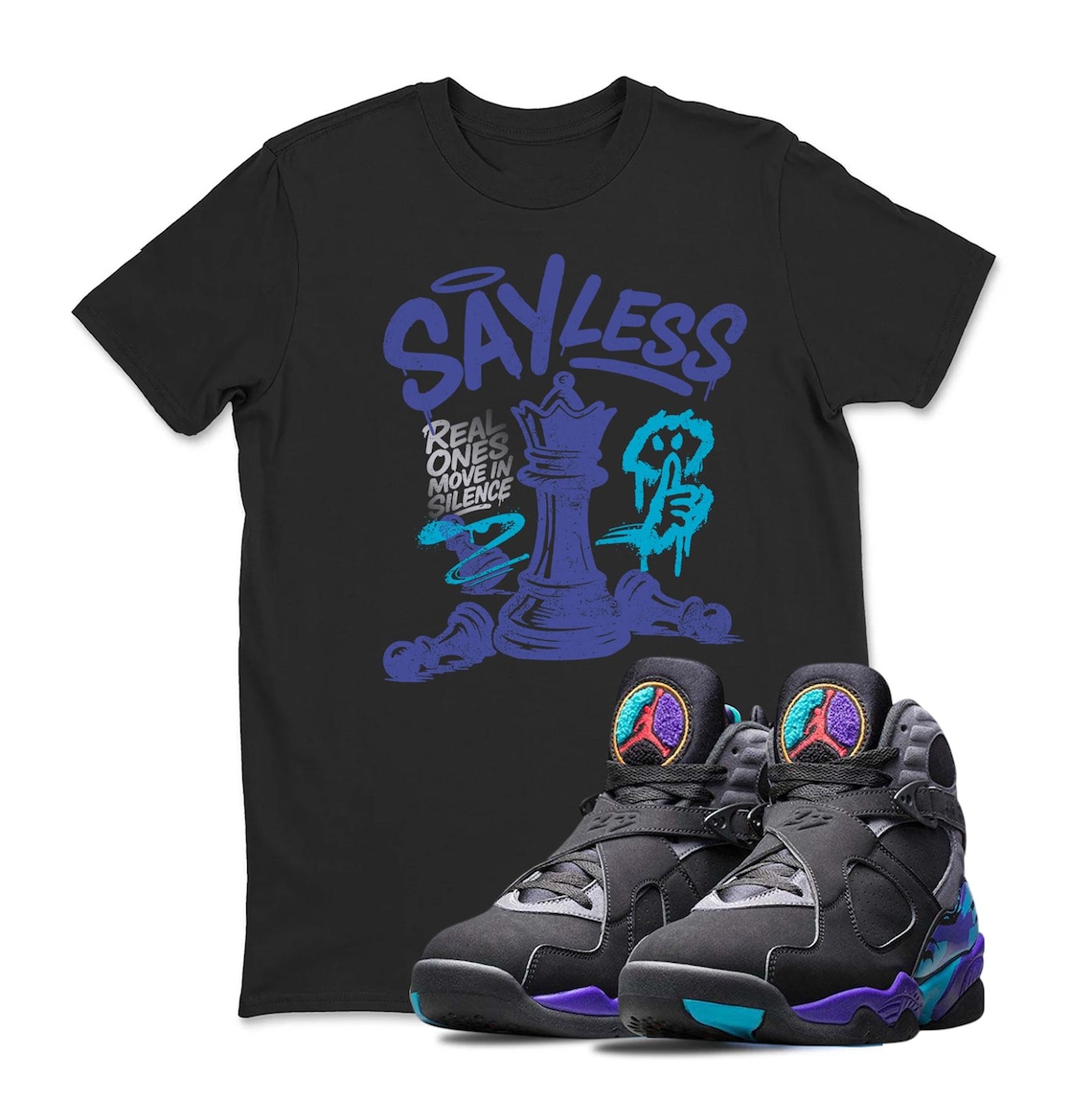 Jordan 8 AQUA 2025 Black Sneaker Matching Tee Shirt - Retro 8S Tee for Sneakerheads