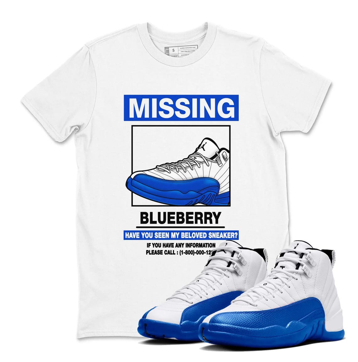 Missing Shirt to Air Jordan 12 Blueberry Sneaker - AJ12 Blueberry Game Royal Blue White Black Match T-shirt