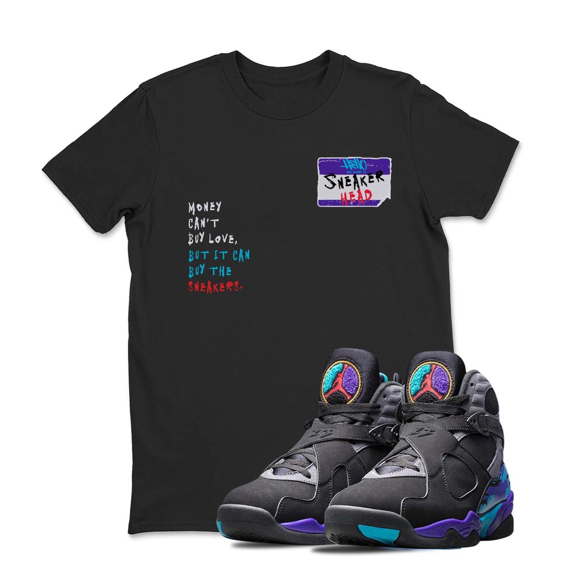Jordan 8 2025 AQUA Black Sneaker Matching Tee Shirt - Retro 8S Tee for Sneakerheads