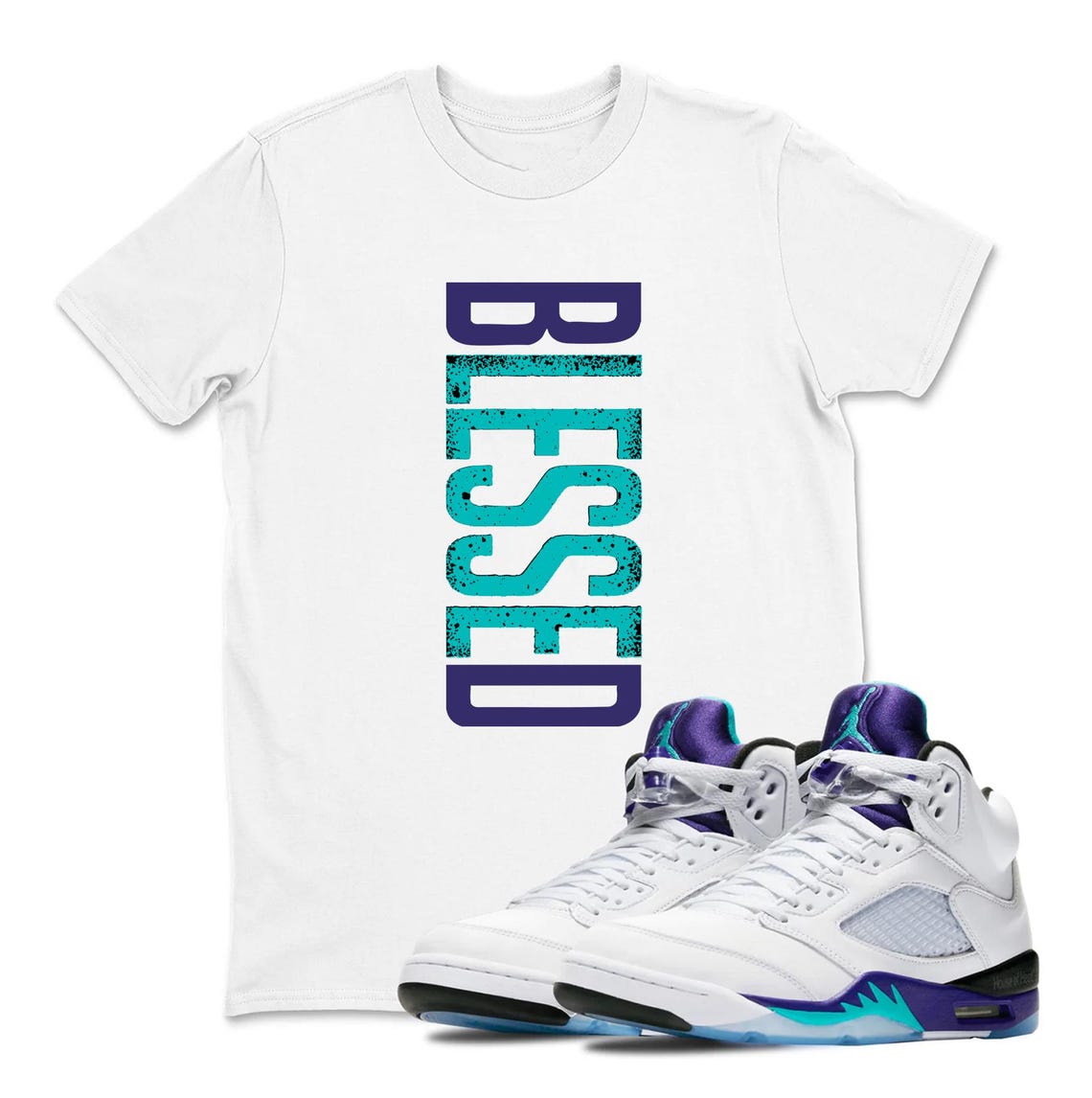 BLESSED! Shirt To Match AJ 5 Grape Black White Sneaker - Purple White Color Shirt To Match Sneaker