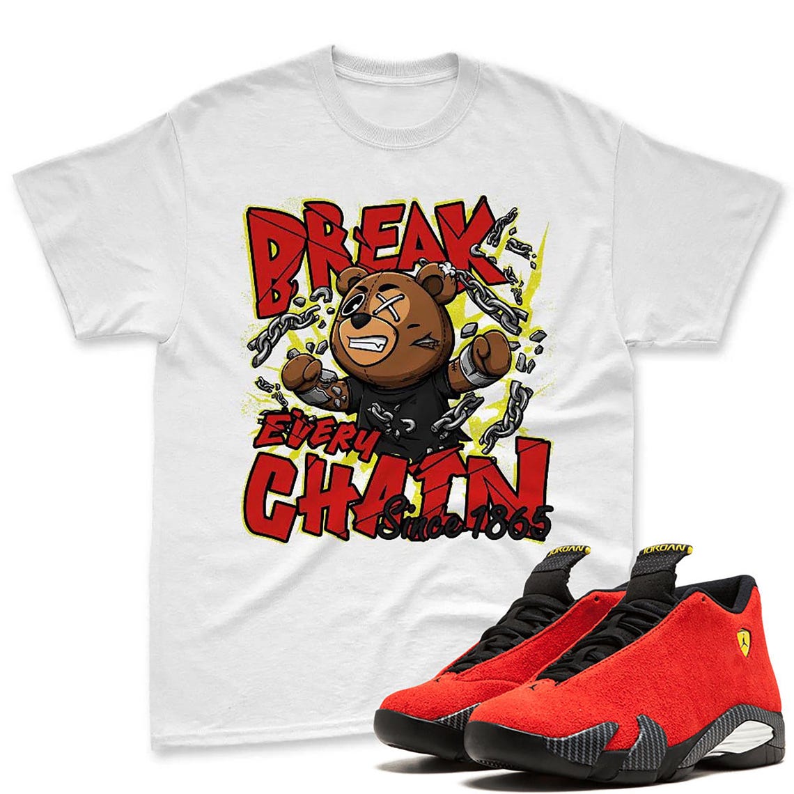 Bear Chain T-Shirt Matching Jordan 14 Ferrari - Jordan 14 Challenge Red Sneaker Matching T-Shirt