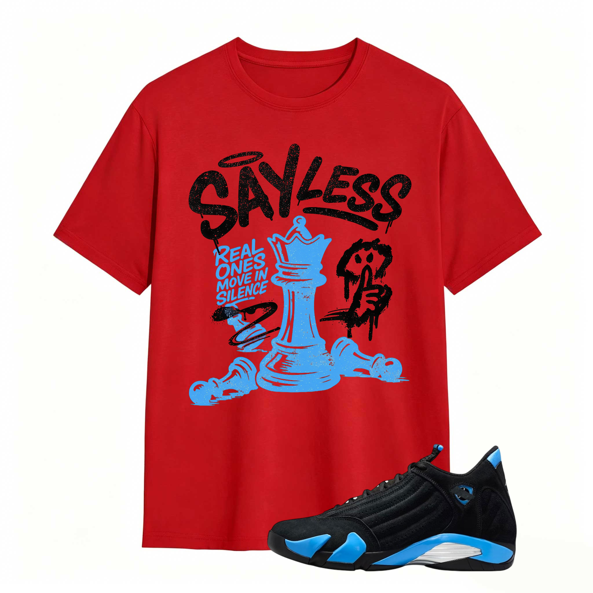 SAYLESS! Shirt To Match Air Jordan 14 Black and University Blue - Jordan 14s Retro Blue Black Match Shirt