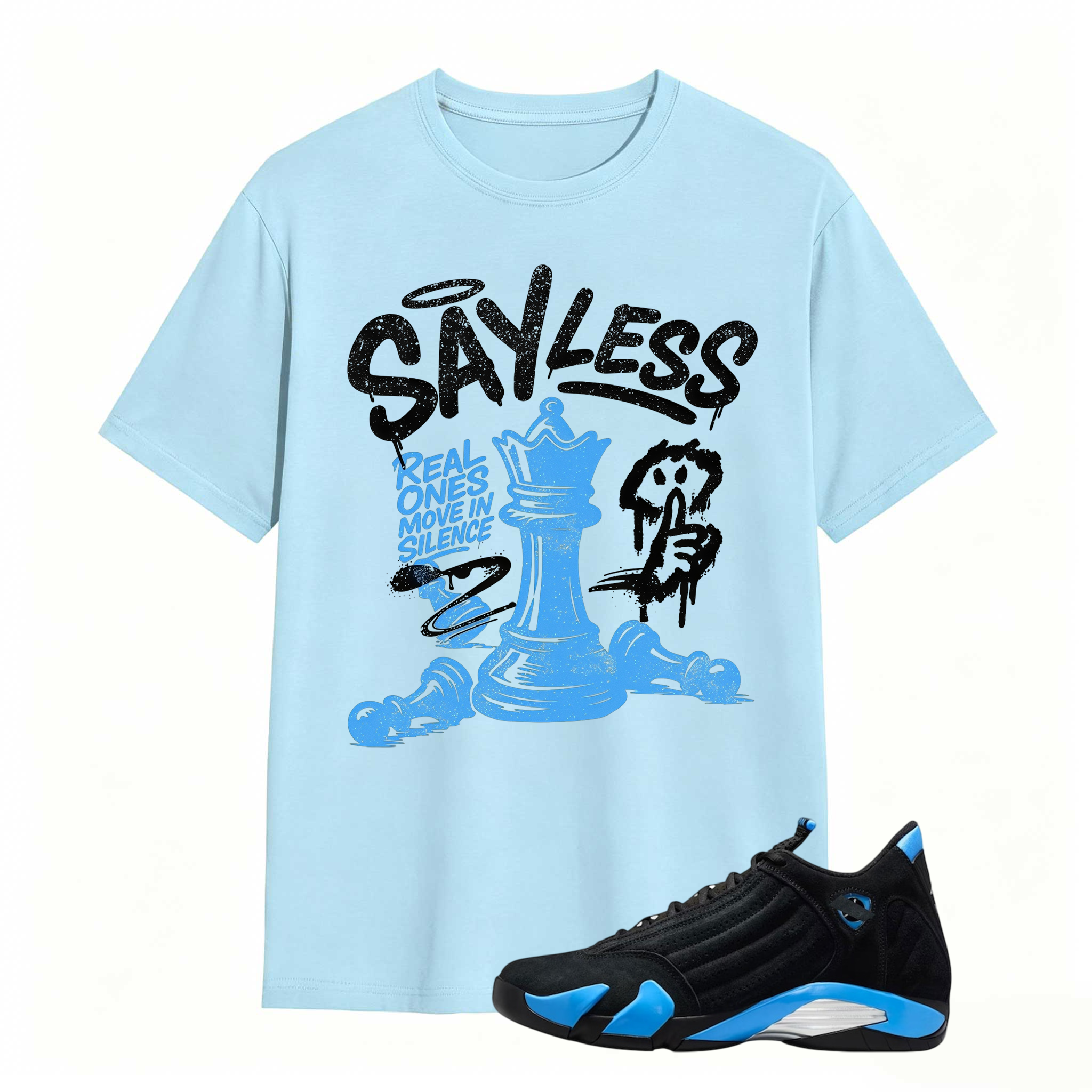 SAYLESS! Shirt To Match Air Jordan 14 Black and University Blue - Jordan 14s Retro Blue Black Match Shirt