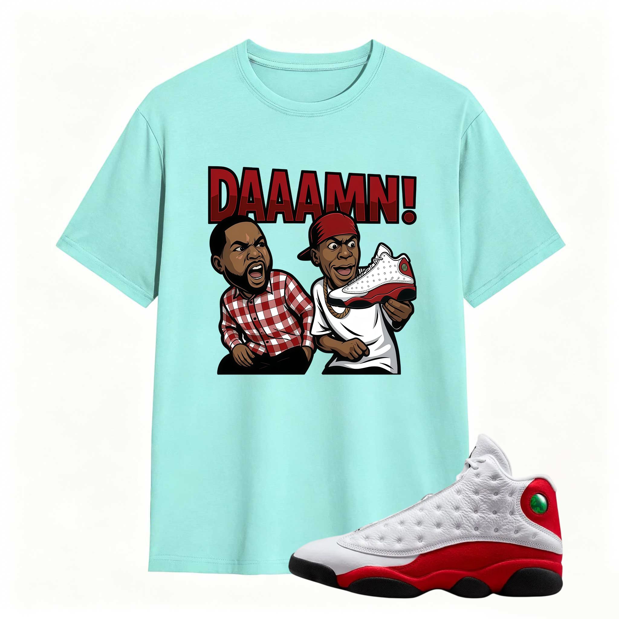 DAAAMN! Shirt To Match Air Jordan 13 Chicago - Jordan 13 Retro White and University Red Match Shirt