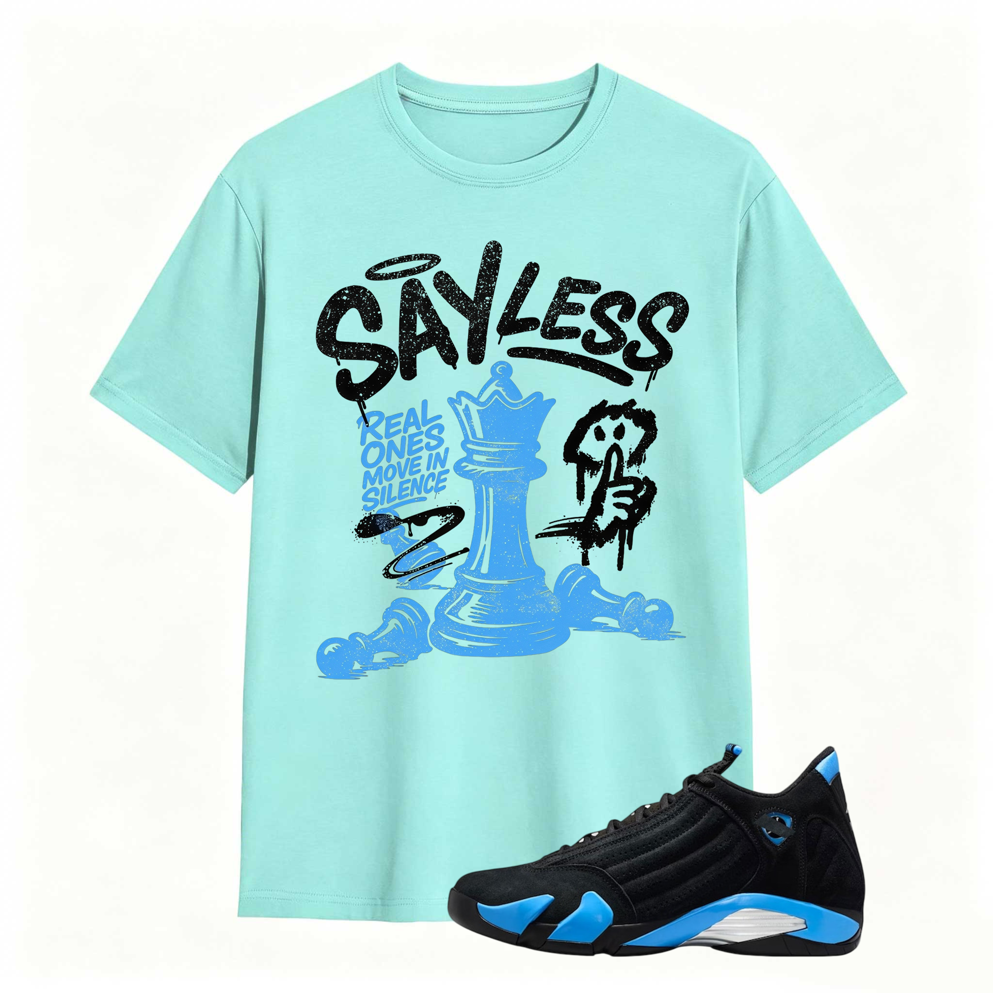 SAYLESS! Shirt To Match Air Jordan 14 Black and University Blue - Jordan 14s Retro Blue Black Match Shirt