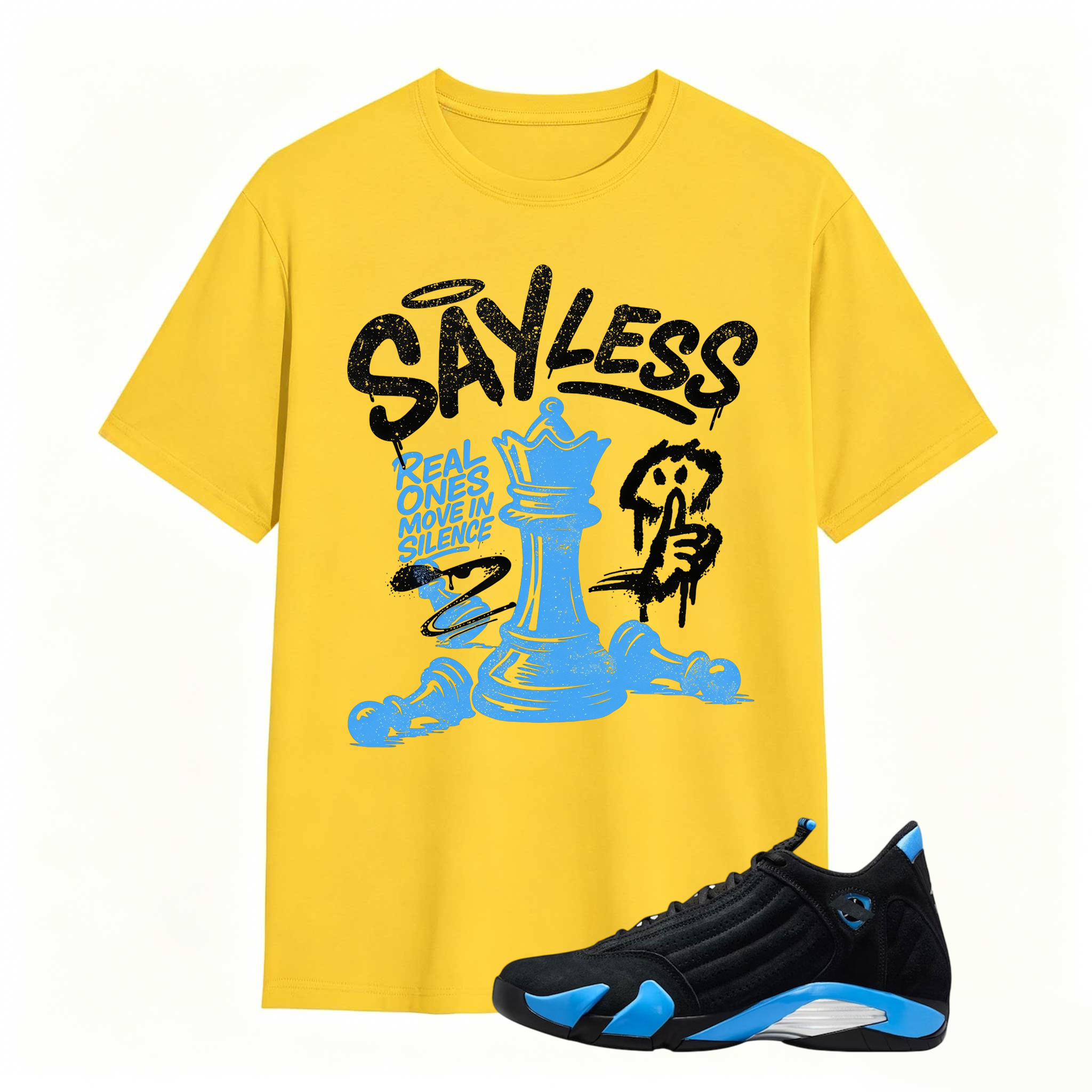 SAYLESS! Shirt To Match Air Jordan 14 Black and University Blue - Jordan 14s Retro Blue Black Match Shirt