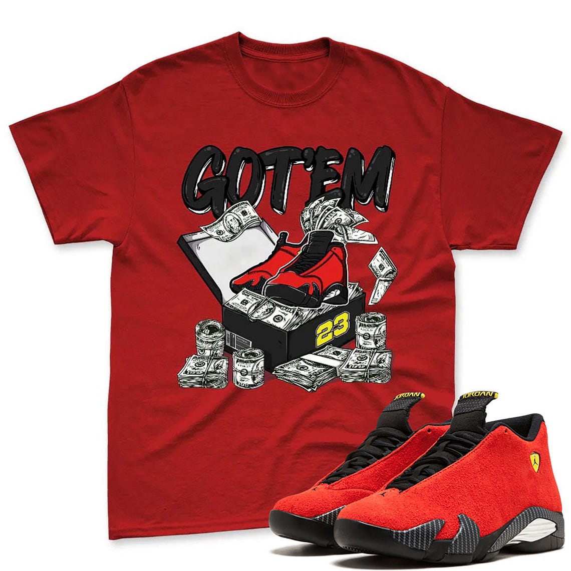 Dollar Sneaker Box T-Shirt Matching Jordan 14 Ferrari - Sneaker Jordan 14 Challenge Red Sneaker Matching Shirt