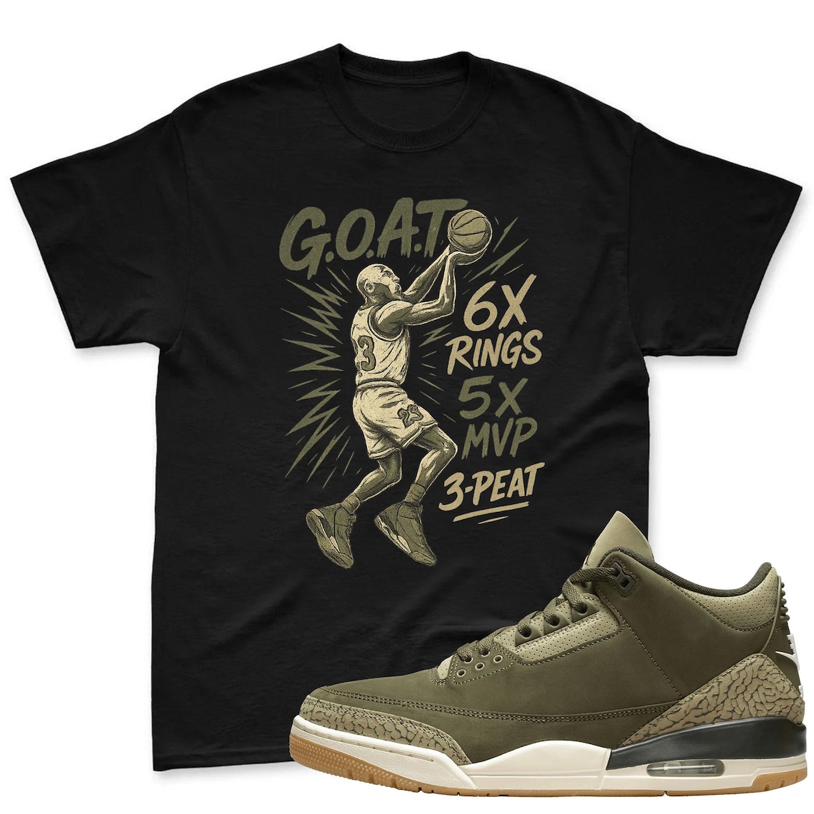 GOAT Shirt To Match Jordan 3 Family Affair Medium Olive - Sneaker Mactching Shirt