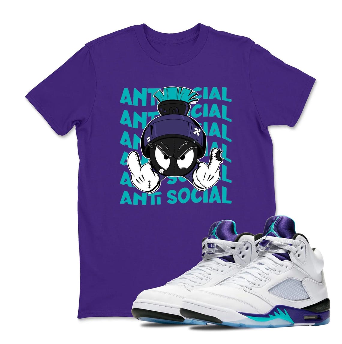 Anti Social! Shirt To Match AJ 5 Grape Black White Sneaker - Jordan 5 Purple White Color Sneaker Matching Tee