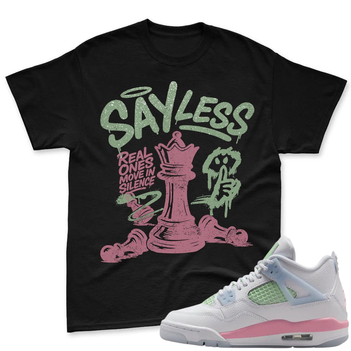 SAYLESS! Shirt To Match Jordan 4 GS Valentine's Day - Retro Valentines Day GS Medium Soft Pink Blue Green Matching Shirt