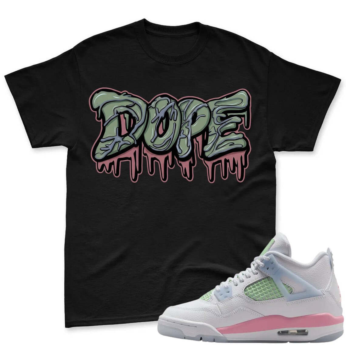 DOPE! Shirt To Match Jordan 4 GS - 4 Retro GS Medium Soft Pink Blue Green Matching Shirt