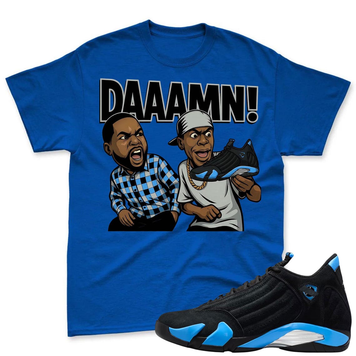 DAAAMN! Shirt To Match Air Jordan 14 Black and University Blue - Jordan 14 Retro Blue Black Match Shirt