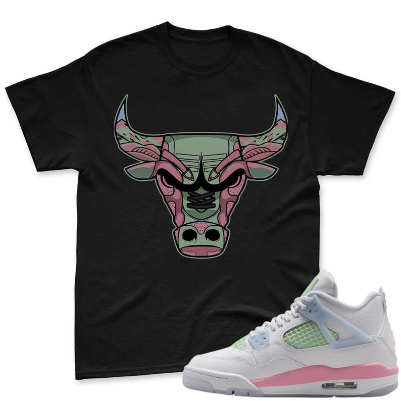 BULL! Shirt To Match Jordan 4 GS - 4 Retro GS Medium Soft Pink Blue Green Matching Shirt