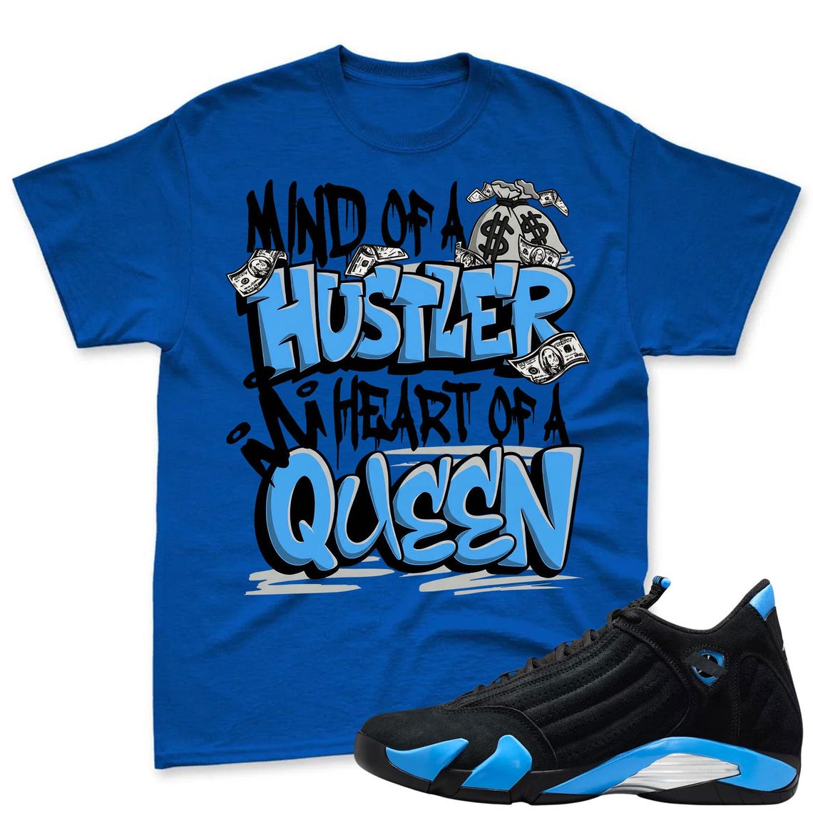 QUEEN! Shirt To Match Jordan 14 Black and University Blue - 14s Retro Blue Black Match Shirt