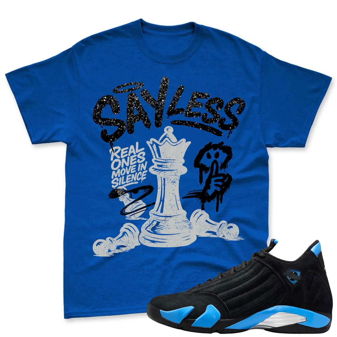 SAYLESS! Shirt To Match Air Jordan 14 Black and University Blue - Jordan 14s Retro Blue Black Match Shirt