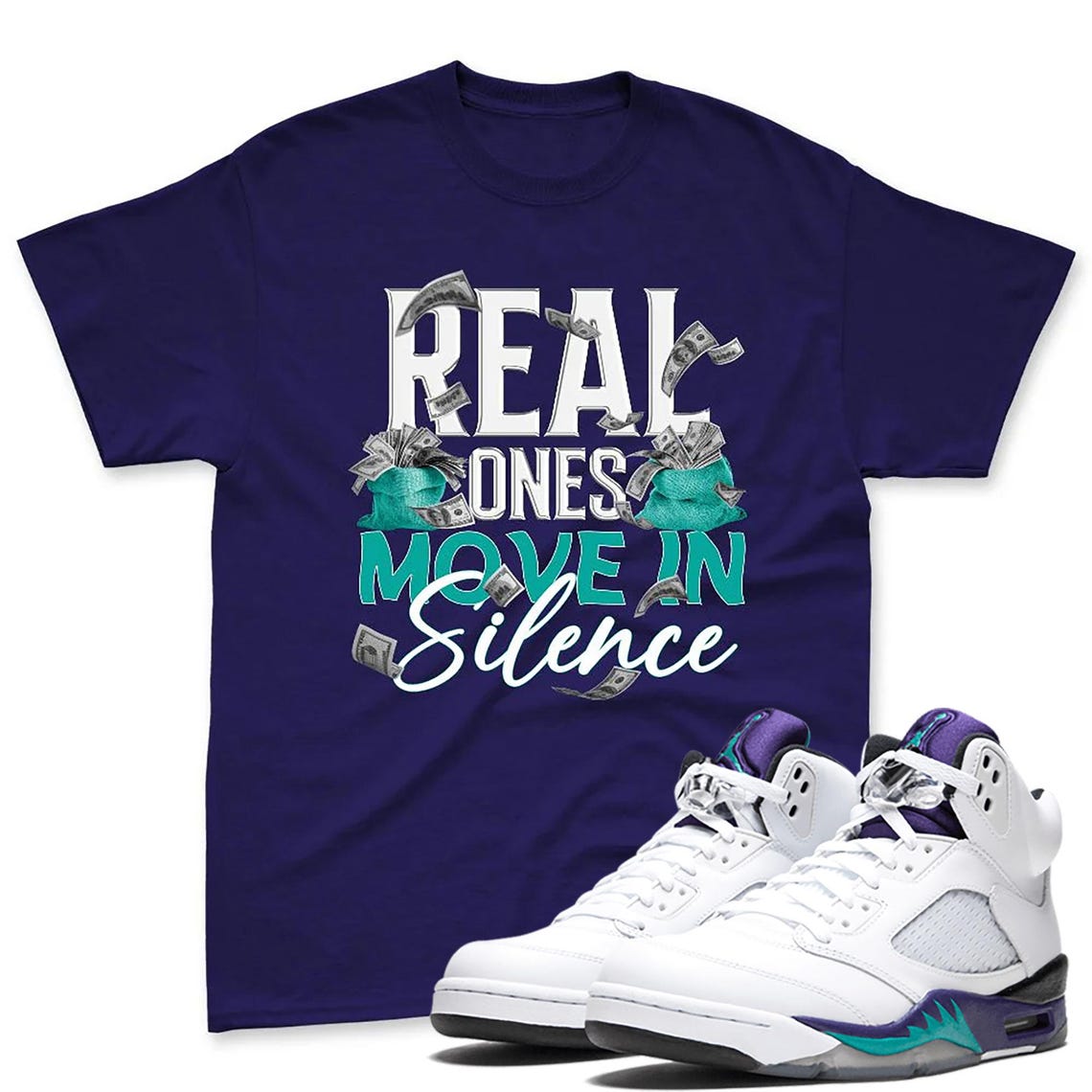 AJ 5 Grape Black White T Shirt Match Real Ones Move Sneaker - Jordan 5 Grape Sneaker Mactching Tshirt