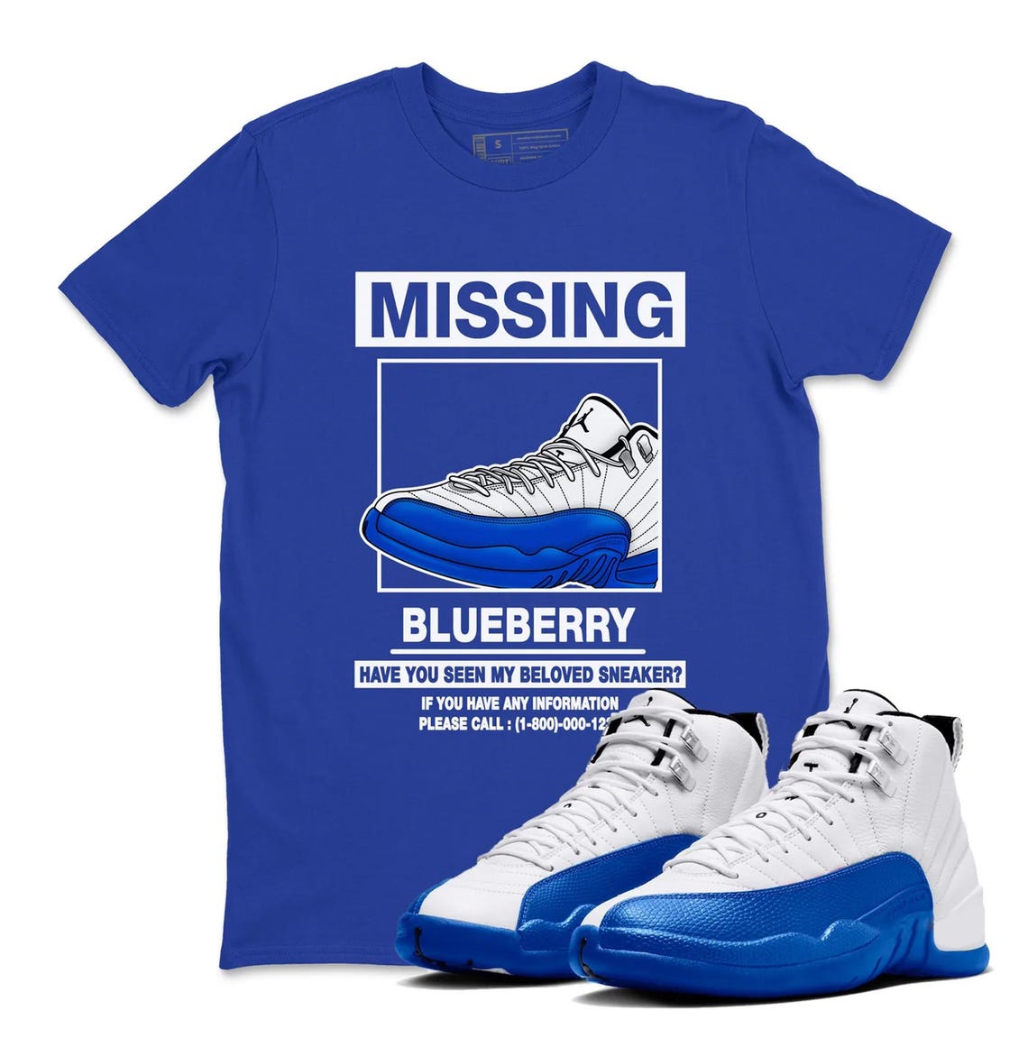 Missing Shirt to Air Jordan 12 Blueberry Sneaker - AJ12 Blueberry Game Royal Blue White Black Match T-shirt