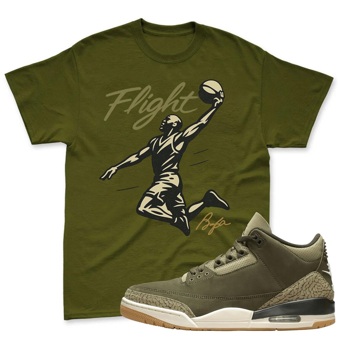 FLIGHT Shirt To Match Jordan 3 Family Affair Medium Olive Sneaker - Jordan 3 Mactching Shirt