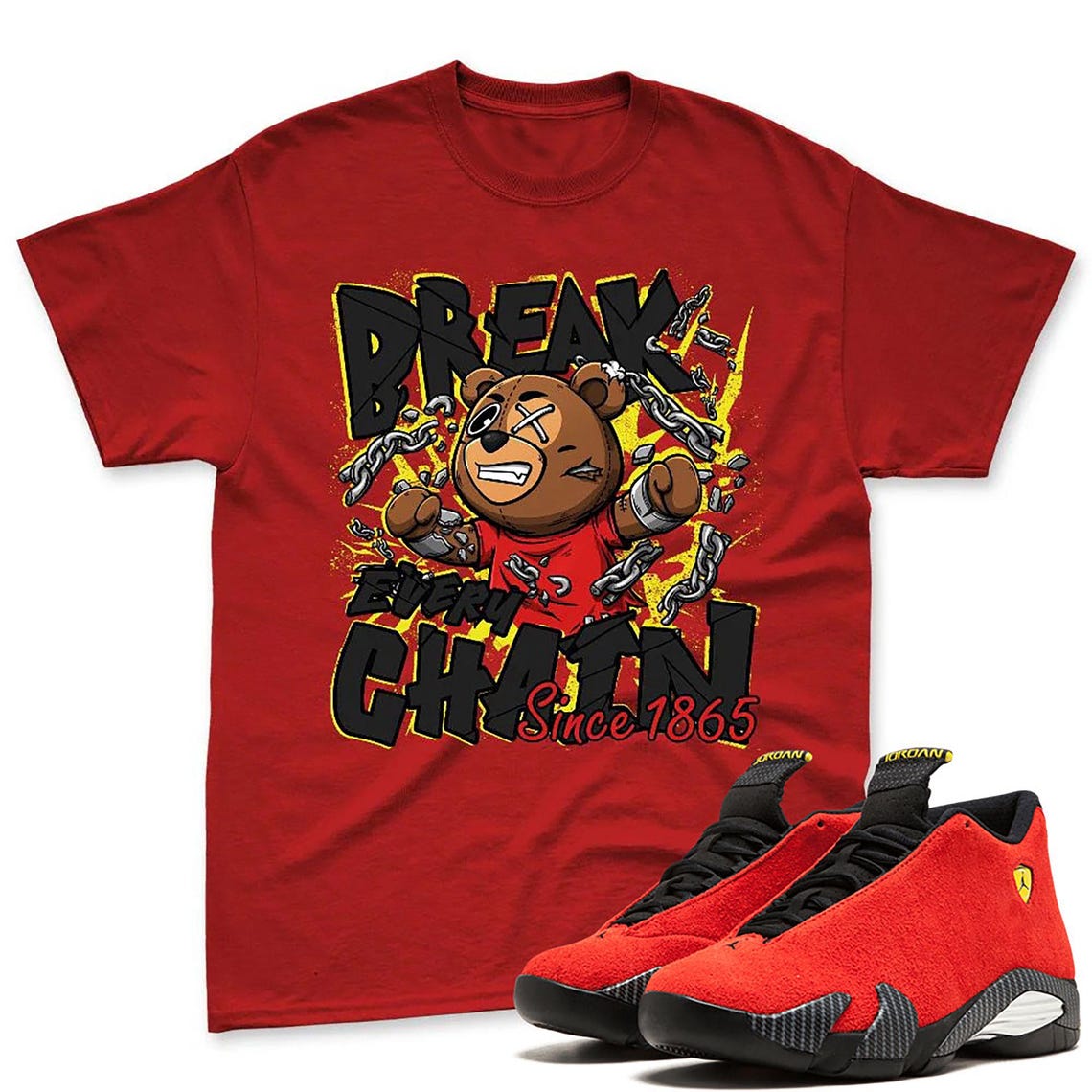Bear Chain T-Shirt Matching Jordan 14 Ferrari - Jordan 14 Challenge Red Sneaker Matching T-Shirt