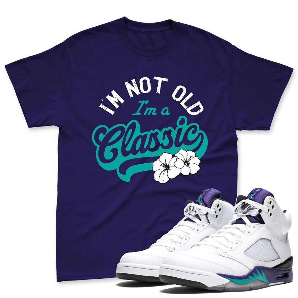 I'm Classic Purple White Color Shirt to match AJ 5 Grape Black White Sneaker