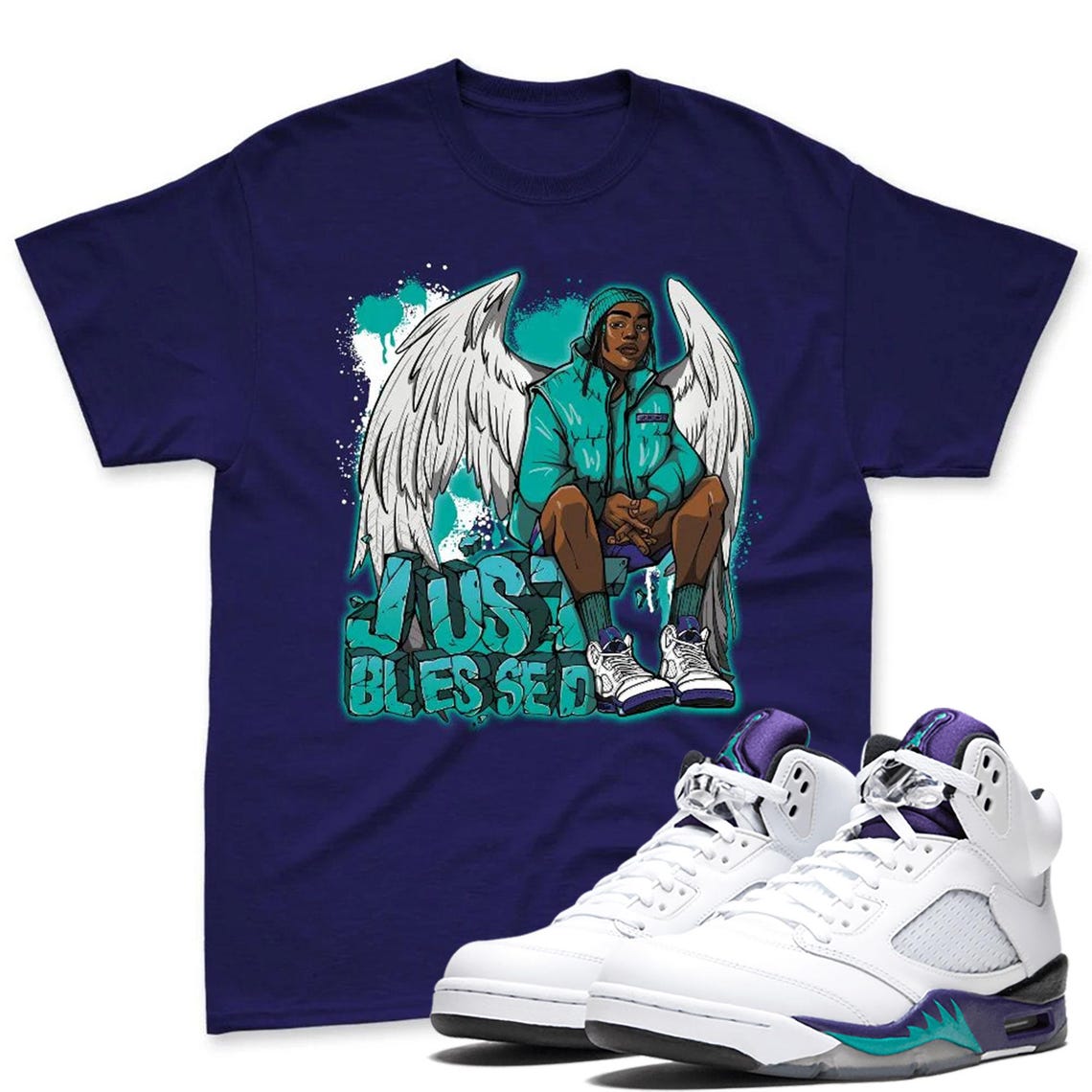 Just Blessed Purple White Color Shirt To Match AJ 5 Grape Black White Sneaker