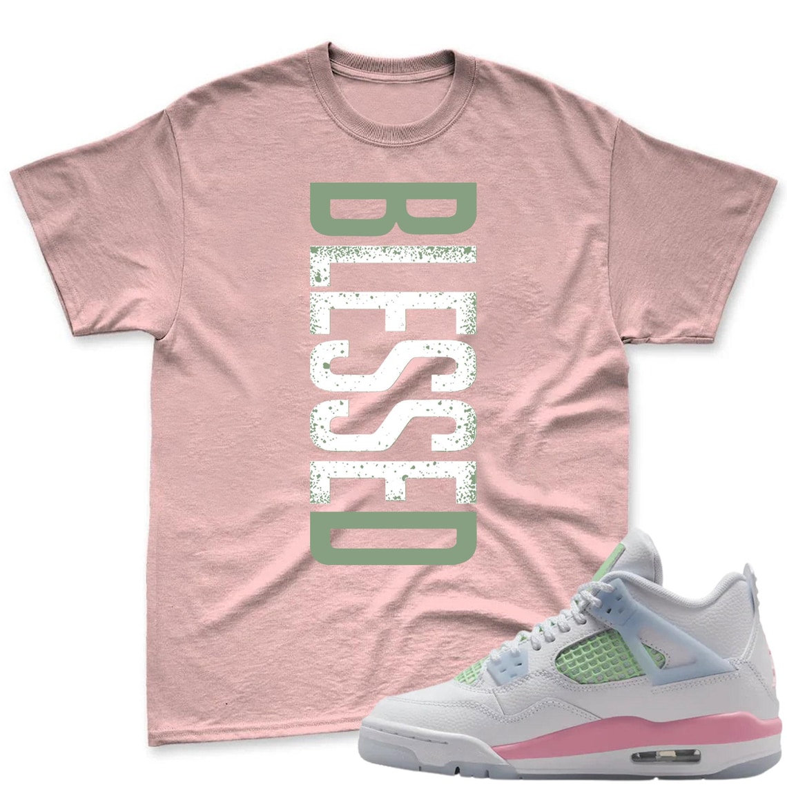 BLESSED! Shirt To Match Jordan 4 GS Valentine's Day - 4 Retro Valentines Day GS Medium Soft Pink Blue Green Matching Shirt