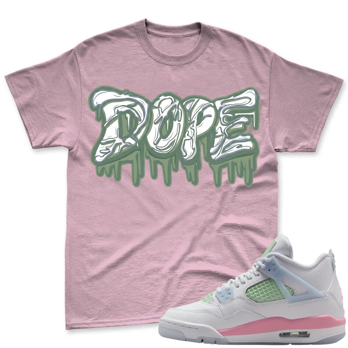 DOPE! Shirt To Match Jordan 4 GS - 4 Retro GS Medium Soft Pink Blue Green Matching Shirt