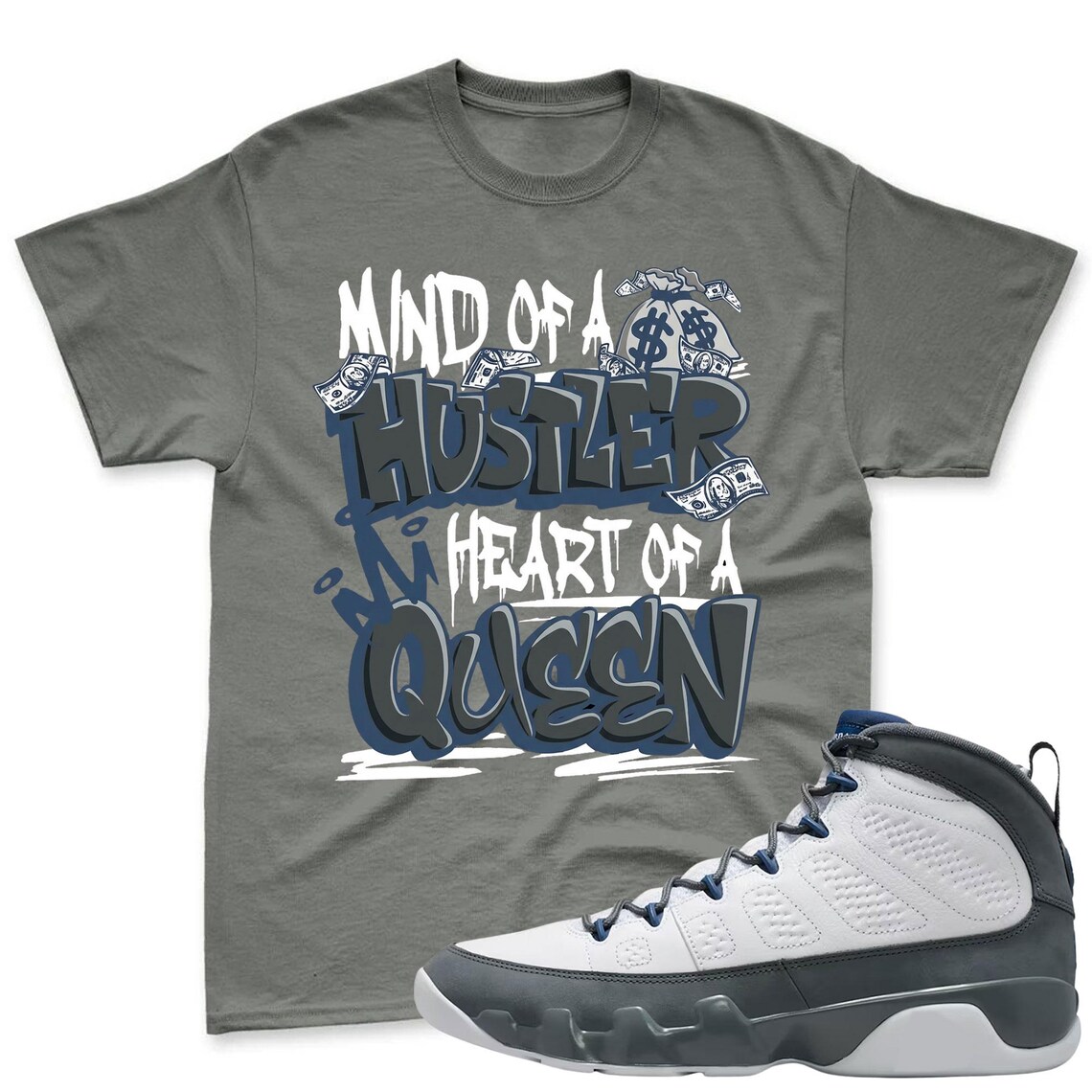 HUSTLER QEEN! Shirt To Match Jordan 9 Flint Grey Sneaker - Jordan 9 Sneaker Match Shirt