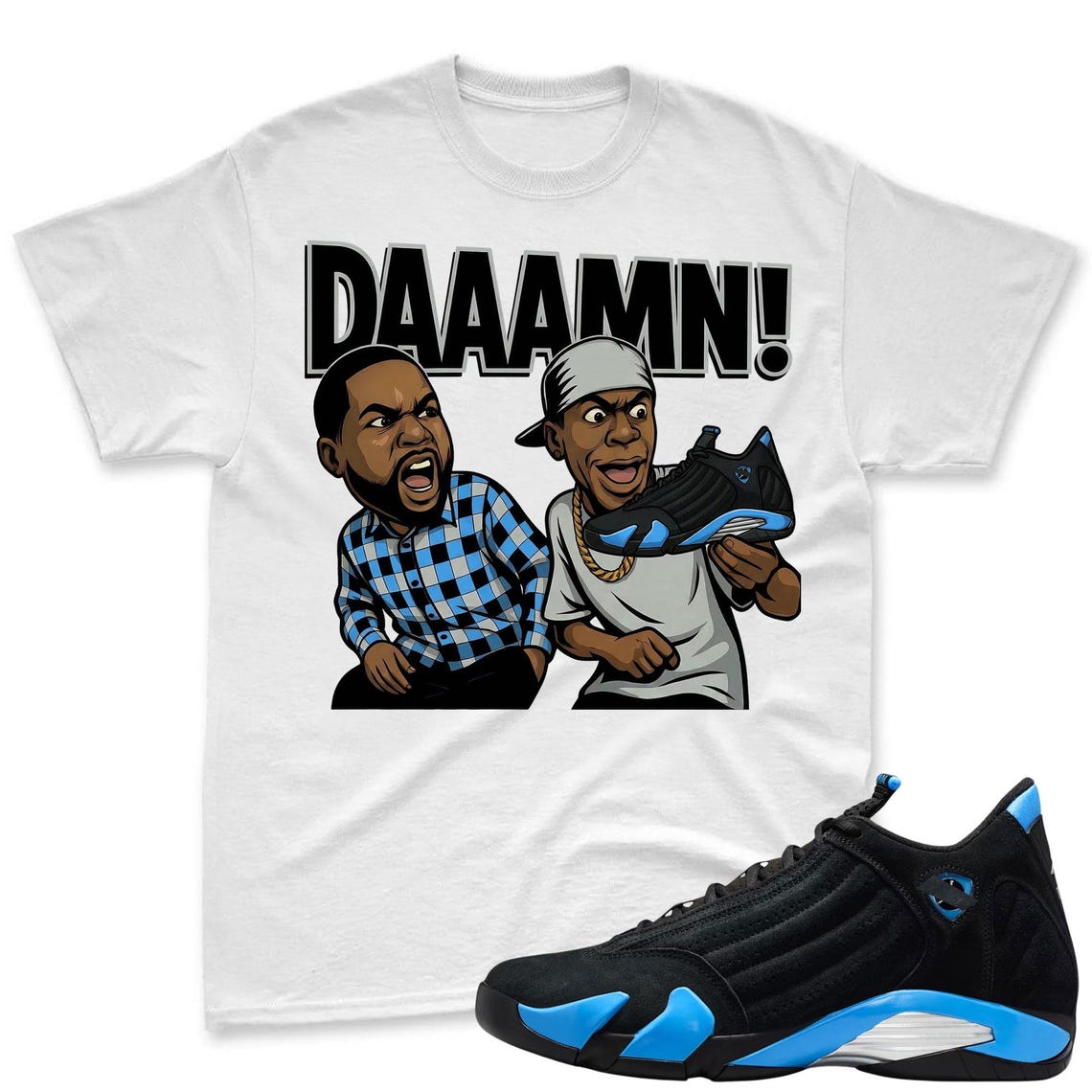 DAAAMN! Shirt To Match Air Jordan 14 Black and University Blue - Jordan 14 Retro Blue Black Match Shirt