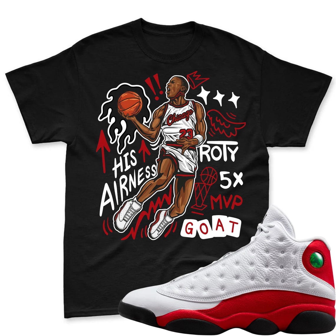 Flair 23! Shirt To Match Air Jordan 13 Chicago - Jordan 13 Retro White and University Red Match Shirt