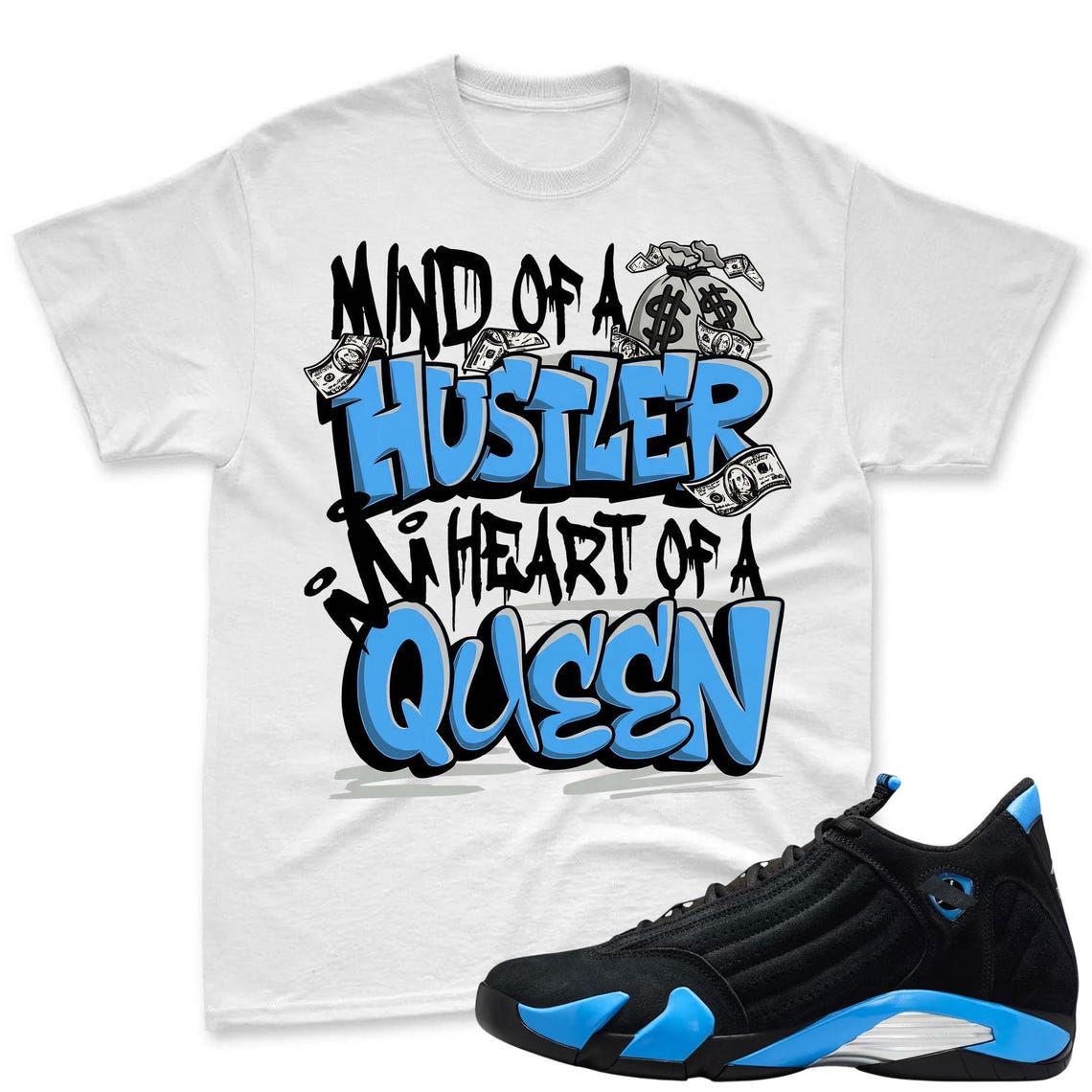 QUEEN! Shirt To Match Jordan 14 Black and University Blue - 14s Retro Blue Black Match Shirt