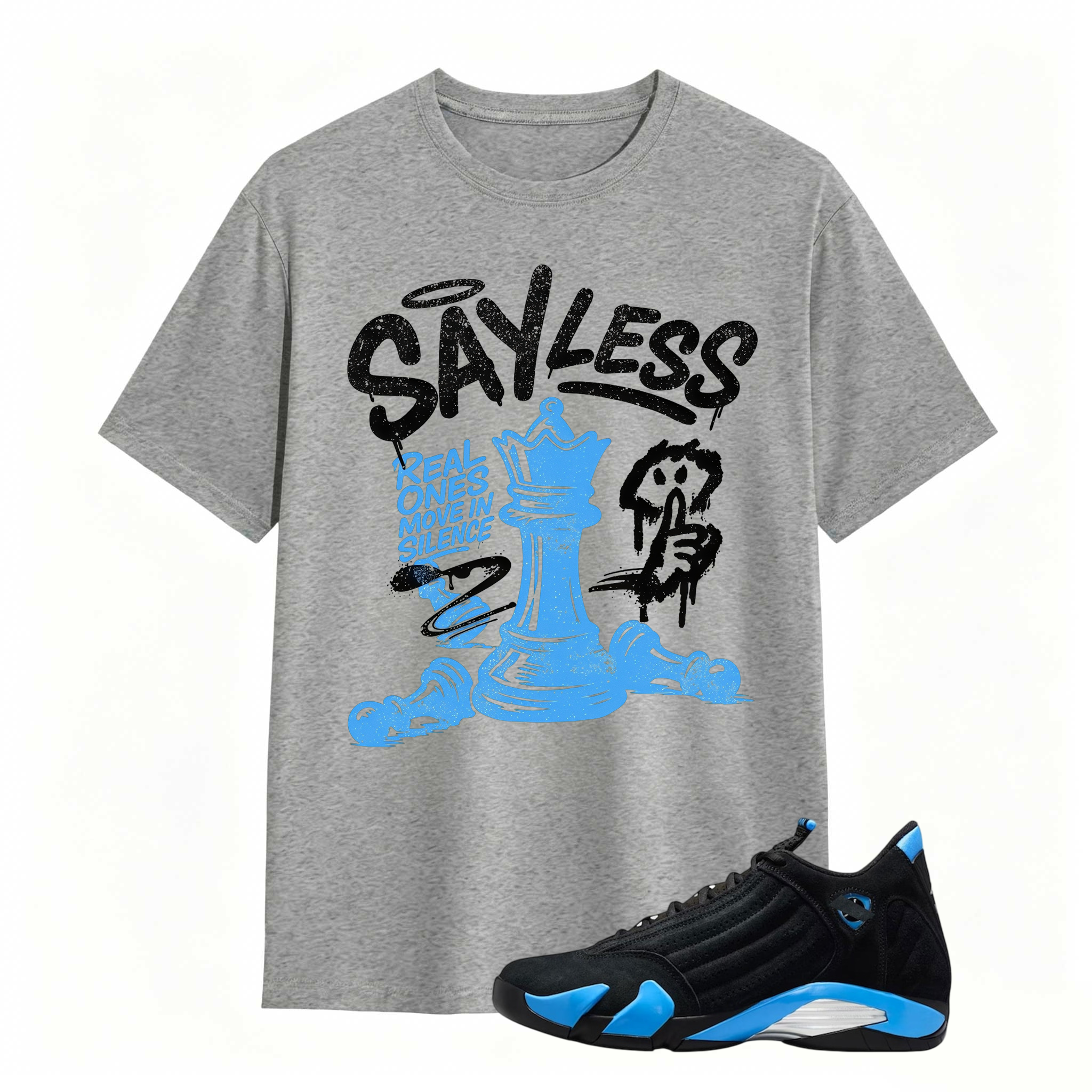 SAYLESS! Shirt To Match Air Jordan 14 Black and University Blue - Jordan 14s Retro Blue Black Match Shirt