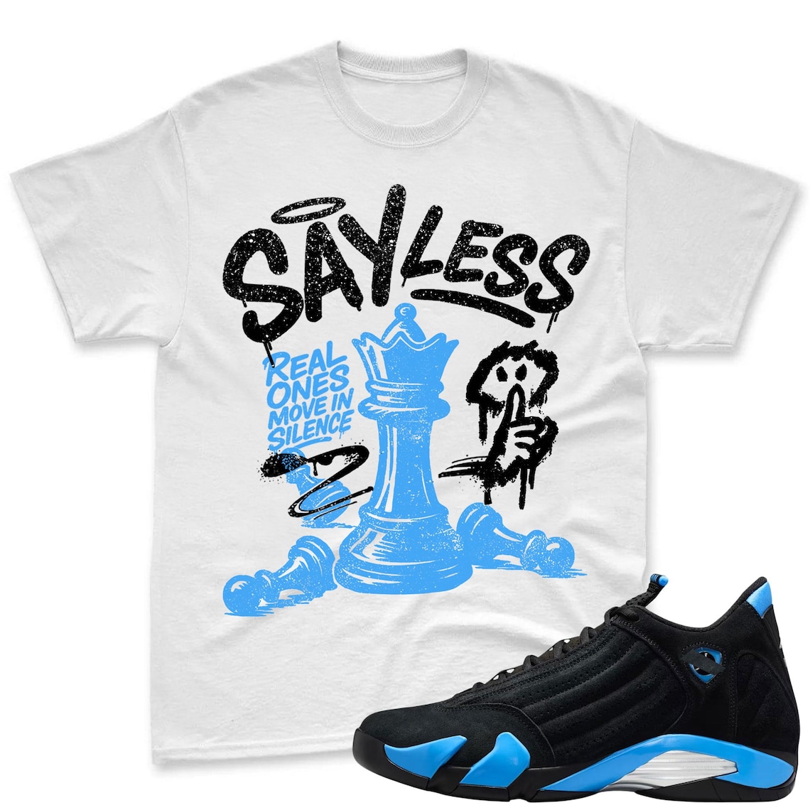 SAYLESS! Shirt To Match Air Jordan 14 Black and University Blue - Jordan 14s Retro Blue Black Match Shirt