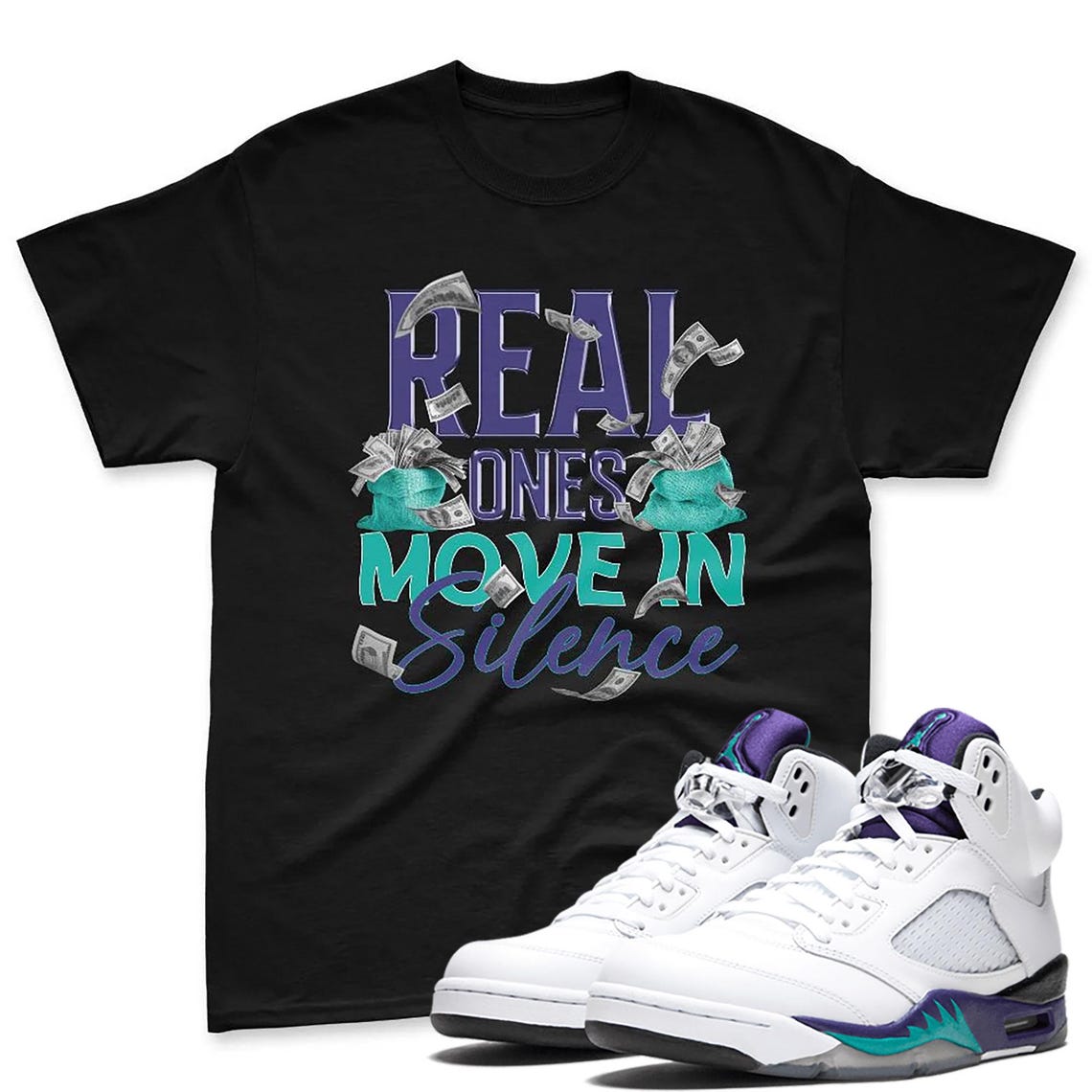 AJ 5 Grape Black White T Shirt Match Real Ones Move Sneaker - Jordan 5 Grape Sneaker Mactching Tshirt