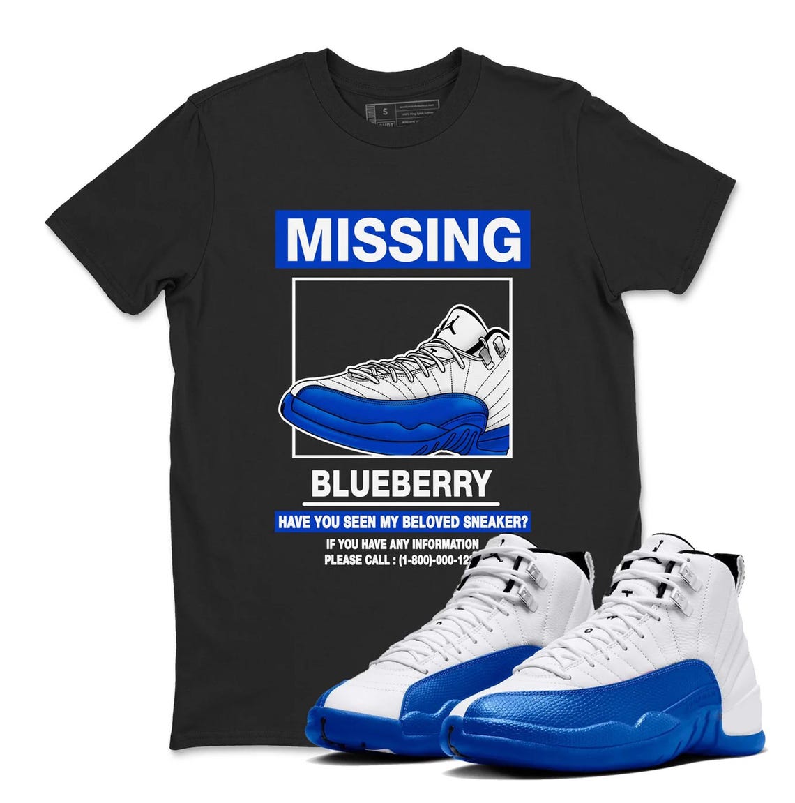 Missing Shirt to Air Jordan 12 Blueberry Sneaker - AJ12 Blueberry Game Royal Blue White Black Match T-shirt