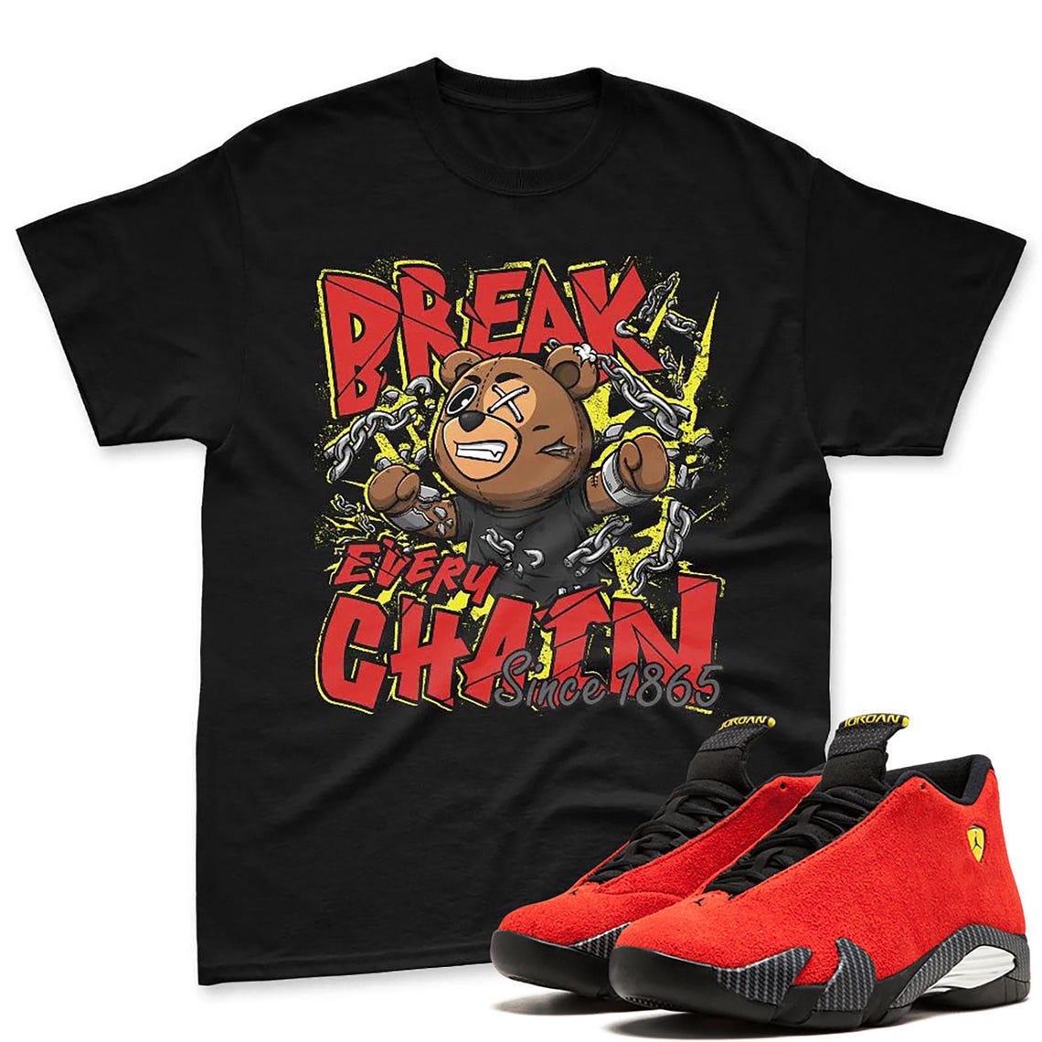 Bear Chain T-Shirt Matching Jordan 14 Ferrari - Jordan 14 Challenge Red Sneaker Matching T-Shirt