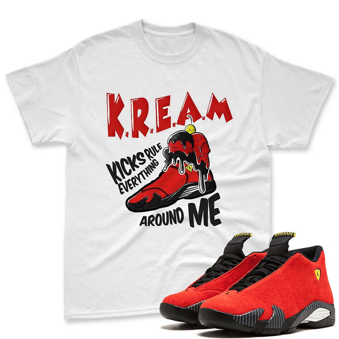 Kream Shirt To Match Jordan 14 Ferrari - Jordan 14 Challenge Red Sneaker Matching T-Shirt