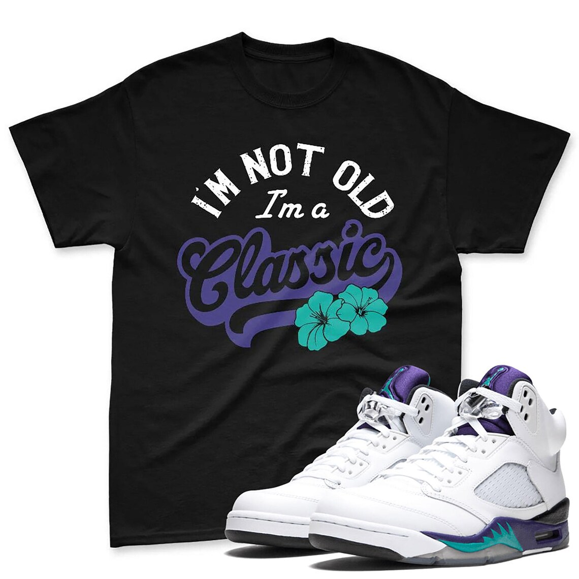 I'm Classic Purple White Color Shirt to match AJ 5 Grape Black White Sneaker