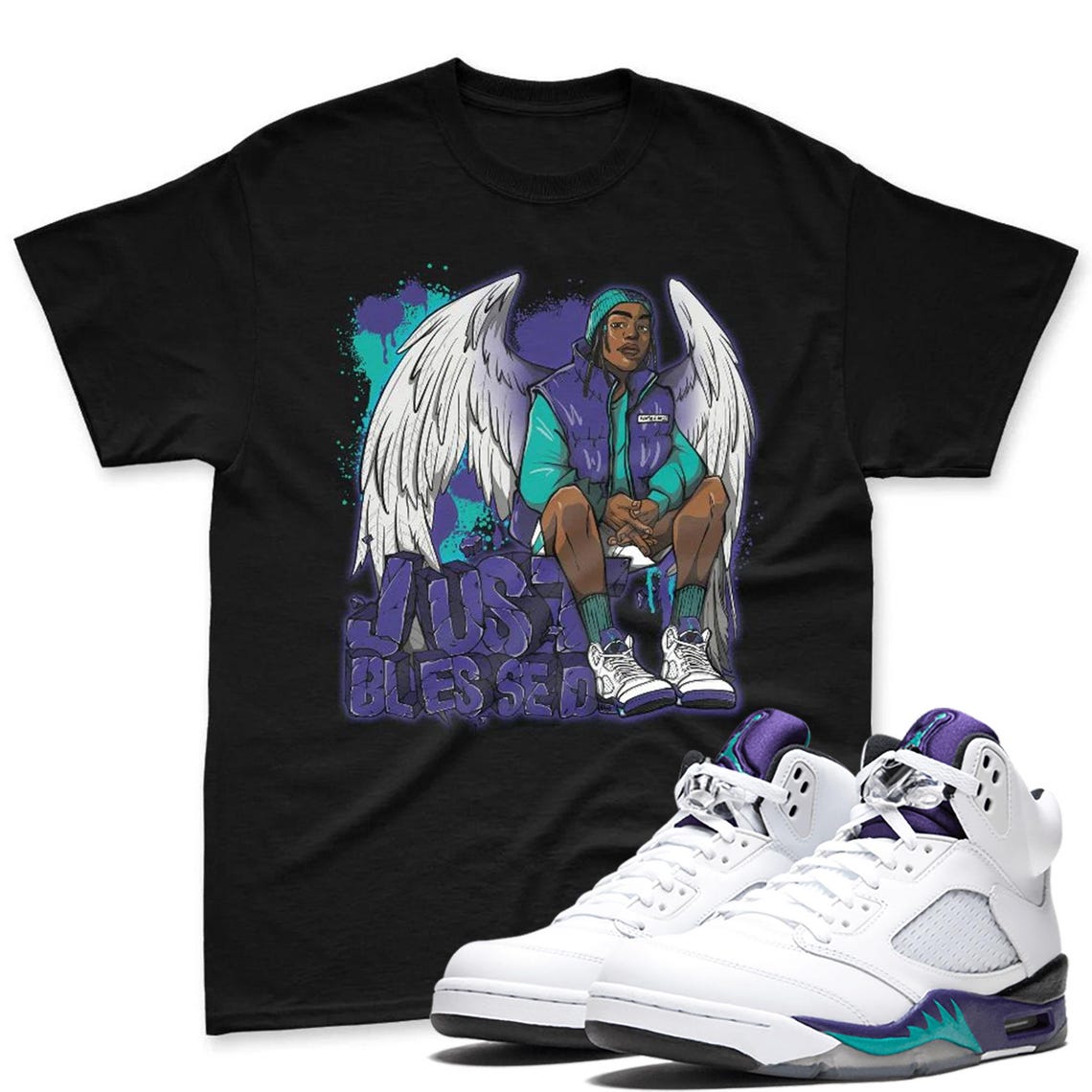 Just Blessed Purple White Color Shirt To Match AJ 5 Grape Black White Sneaker