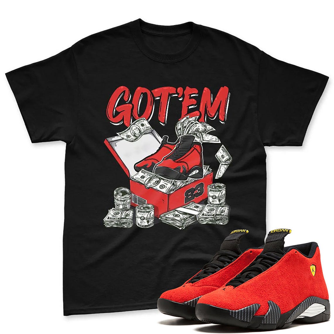 Dollar Sneaker Box T-Shirt Matching Jordan 14 Ferrari - Sneaker Jordan 14 Challenge Red Sneaker Matching Shirt