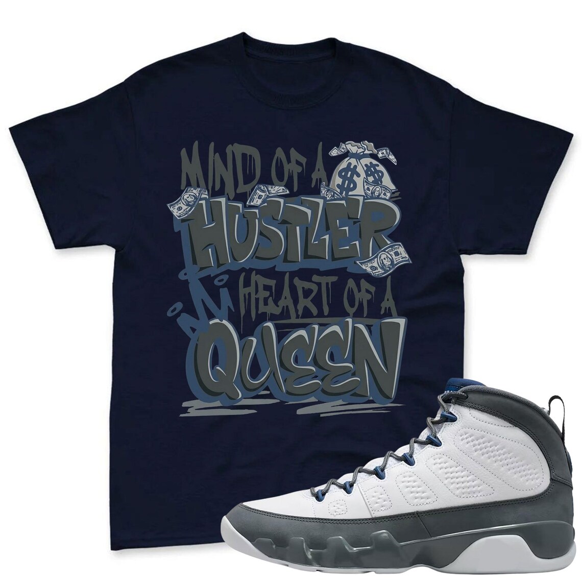 HUSTLER QEEN! Shirt To Match Jordan 9 Flint Grey Sneaker - Jordan 9 Sneaker Match Shirt