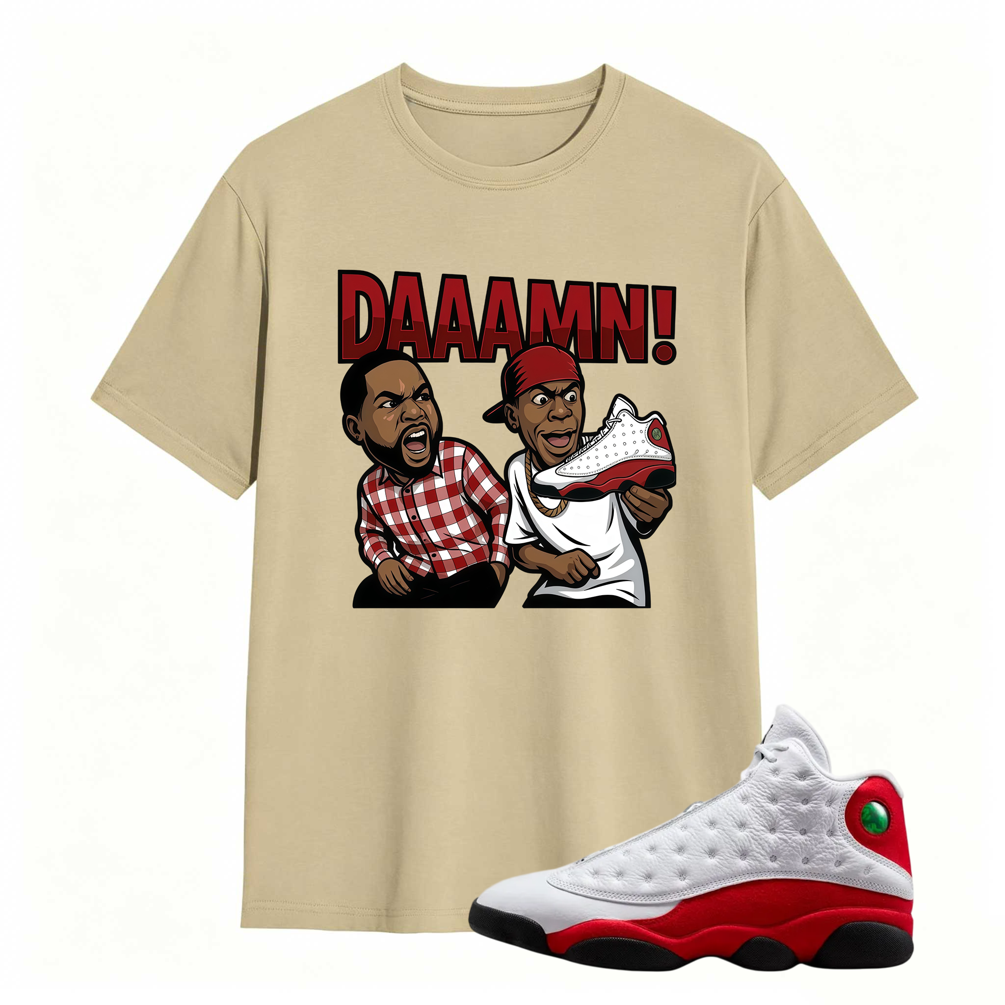 DAAAMN! Shirt To Match Air Jordan 13 Chicago - Jordan 13 Retro White and University Red Match Shirt